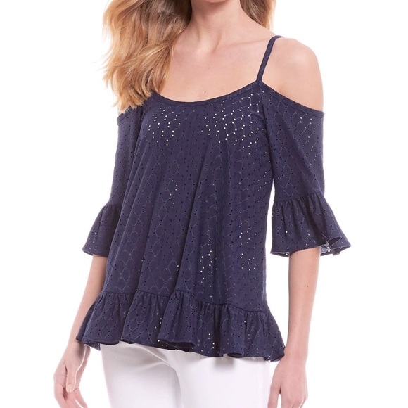 MICHAEL Michael Kors Women's Navy Blue Eyelet Cold Shoulder Knit Top - Picture 1 of 14